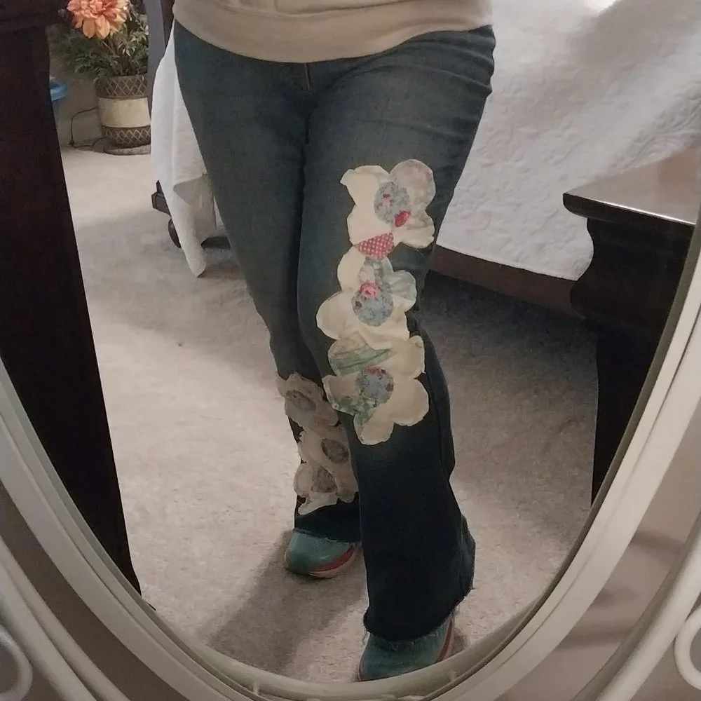 Appliqued Jeans using and Old Quilt - Picture 2 of 3
